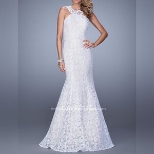 La Femme Women's Long White Lace Mermaid Sheer Halter Neck Gown, Size 0